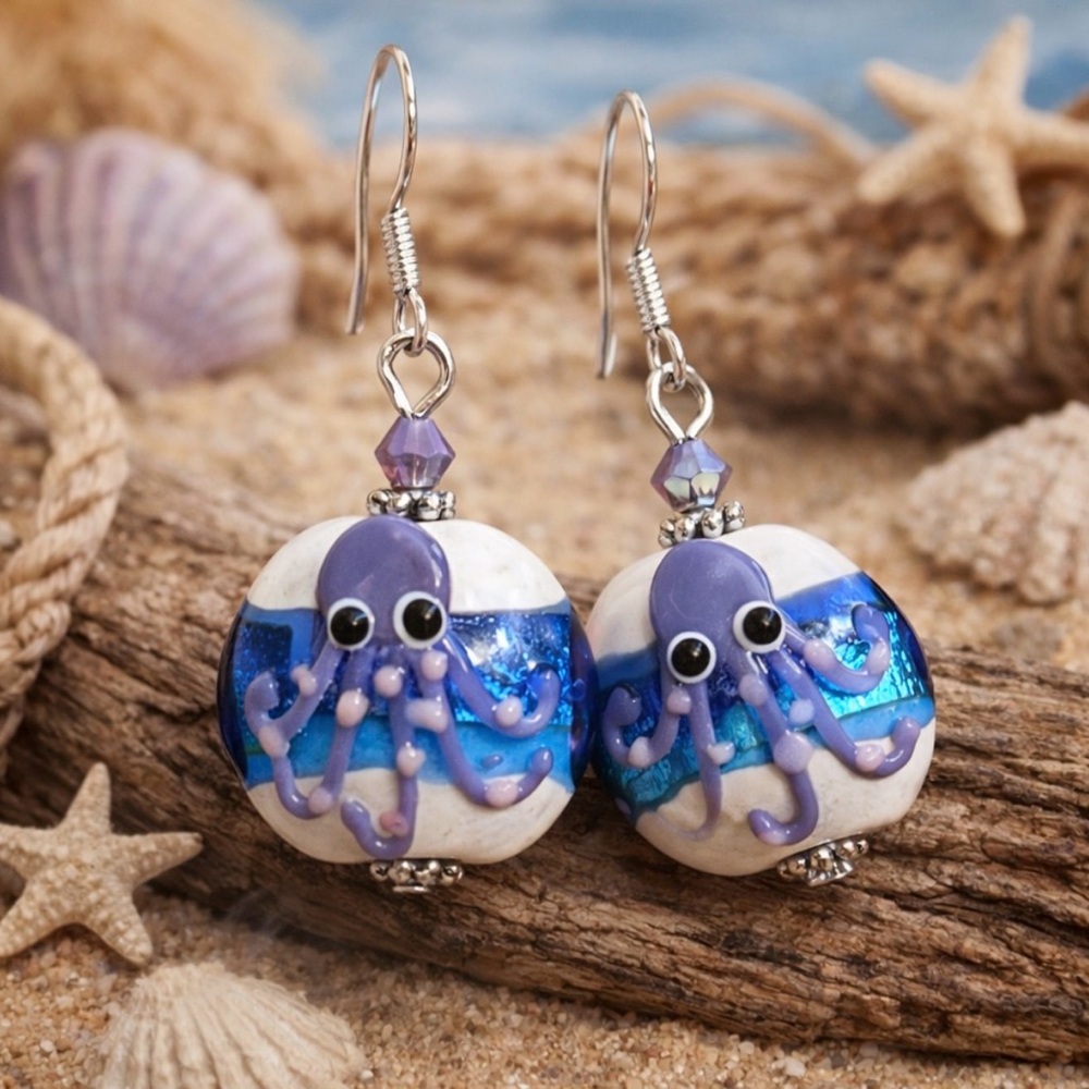 Artisan Handmade Octopus Glass Bead Earrings Ocean Blue Purple Cute